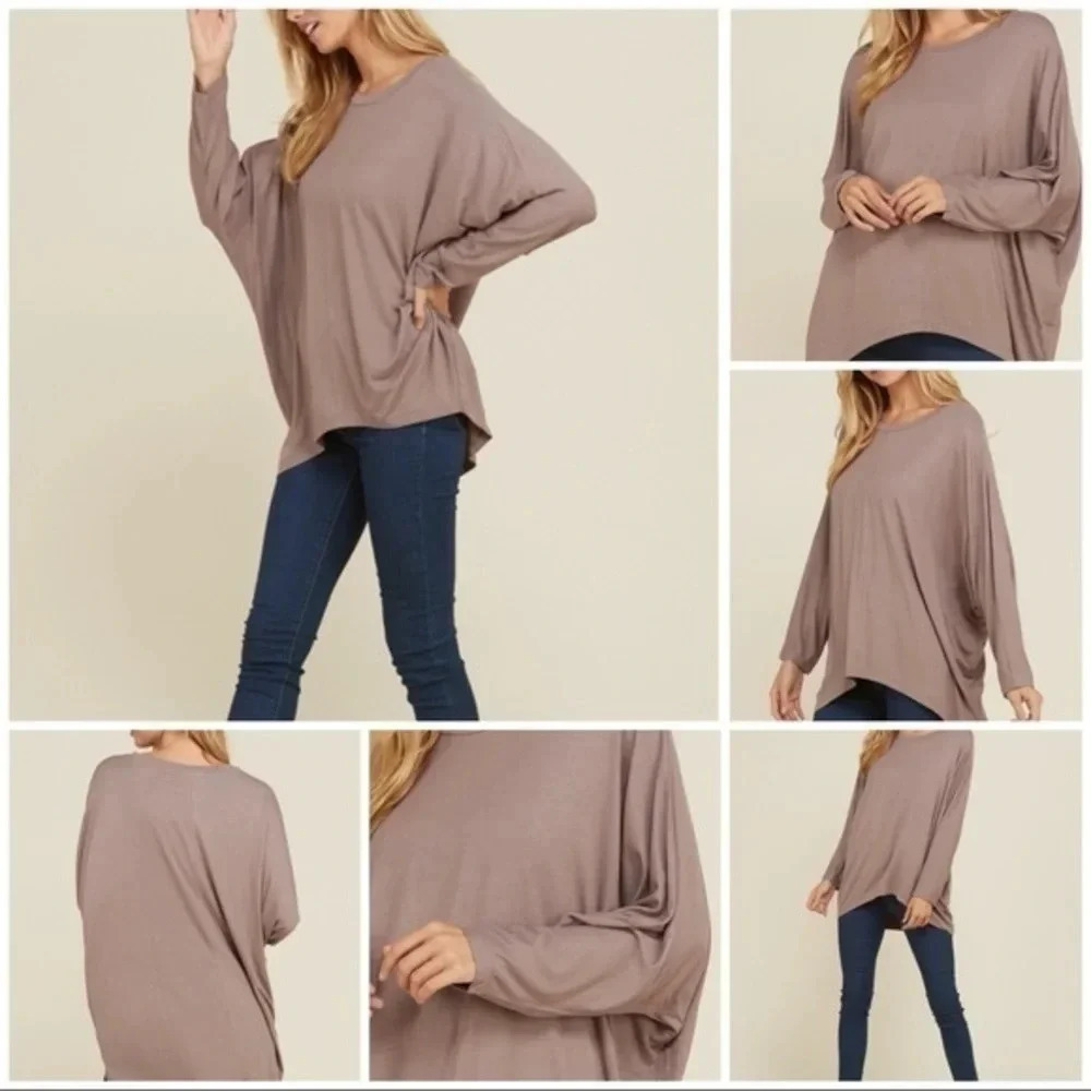 annabelle boutique Taupe knit top batwing long sleeve tunic top boxy relaxed